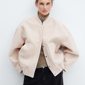 Mango Soft Beige Oversized Bomber Jacket